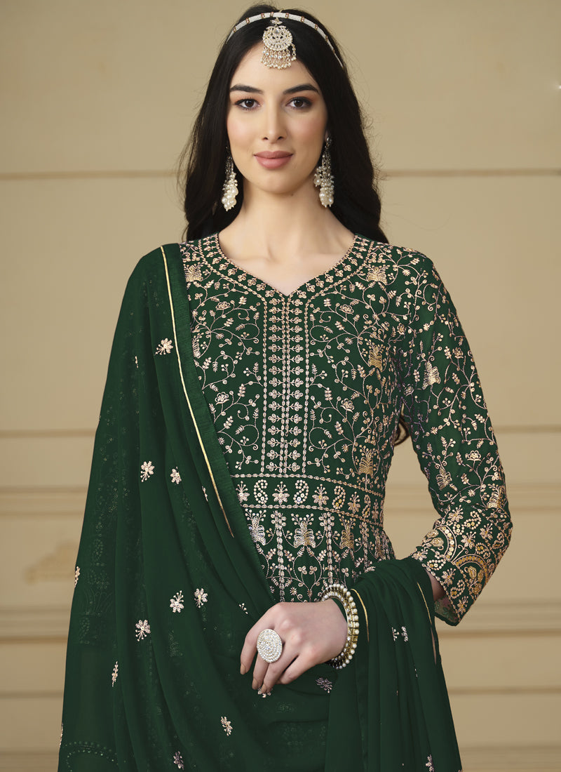 Designer Green Faux Georgette Embroidery Anarkali Suit