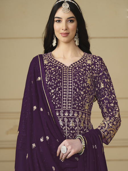 Designer Violet Faux Georgette Embroidery Anarkali Suit