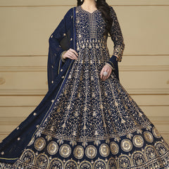 Designer Navy Blue Faux Georgette Embroidery Anarkali Suit