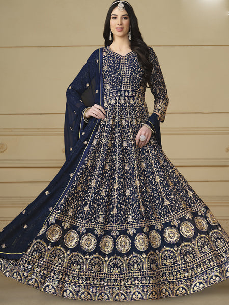 Designer Navy Blue Faux Georgette Embroidery Anarkali Suit