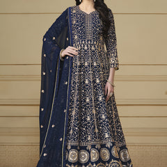 Designer Navy Blue Faux Georgette Embroidery Anarkali Suit