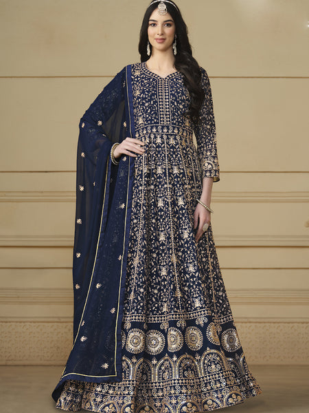 Designer Navy Blue Faux Georgette Embroidery Anarkali Suit