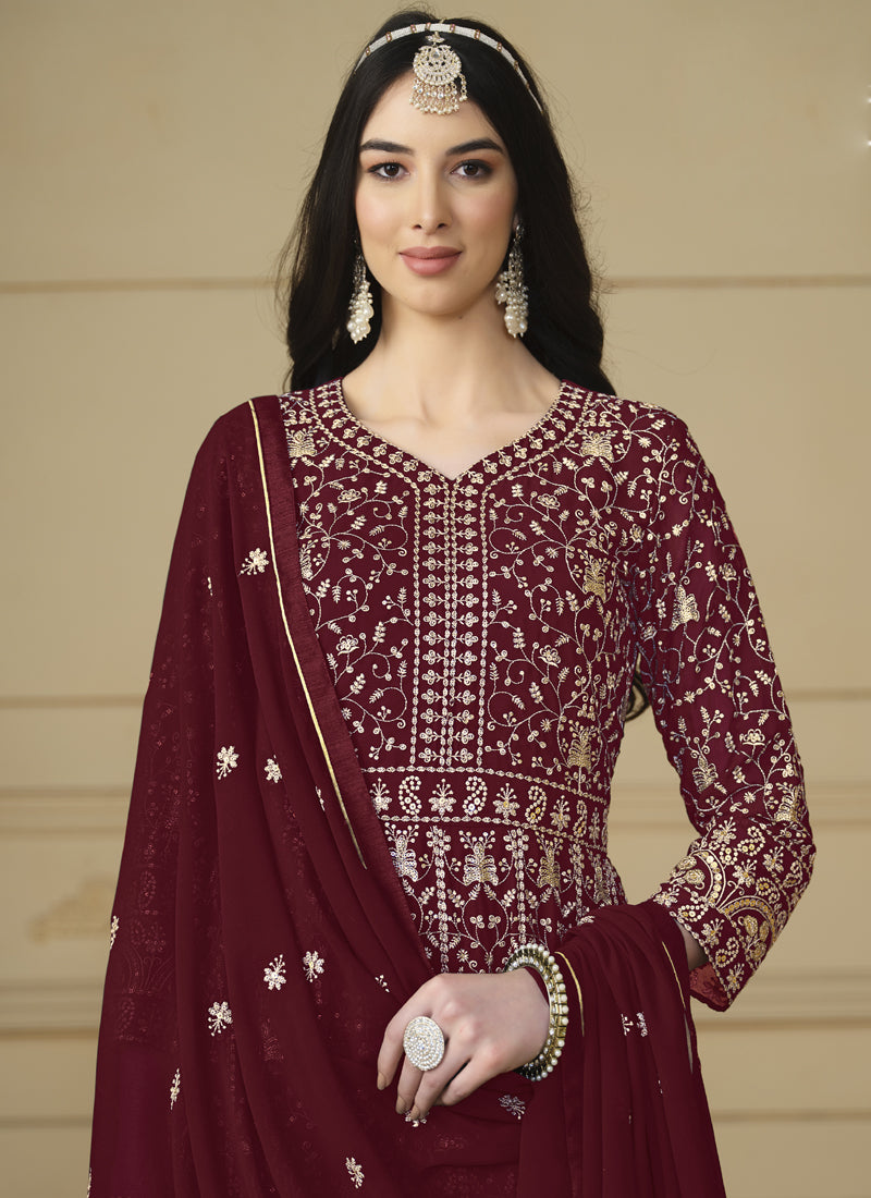 Designer Maroon Faux Georgette Embroidery Anarkali Suit