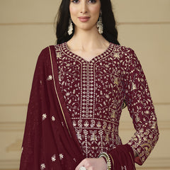 Designer Maroon Faux Georgette Embroidery Anarkali Suit