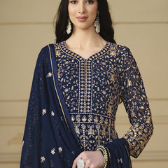 Designer Navy Blue Faux Georgette Embroidery Anarkali Suit
