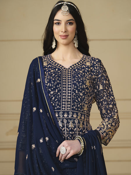 Designer Navy Blue Faux Georgette Embroidery Anarkali Suit