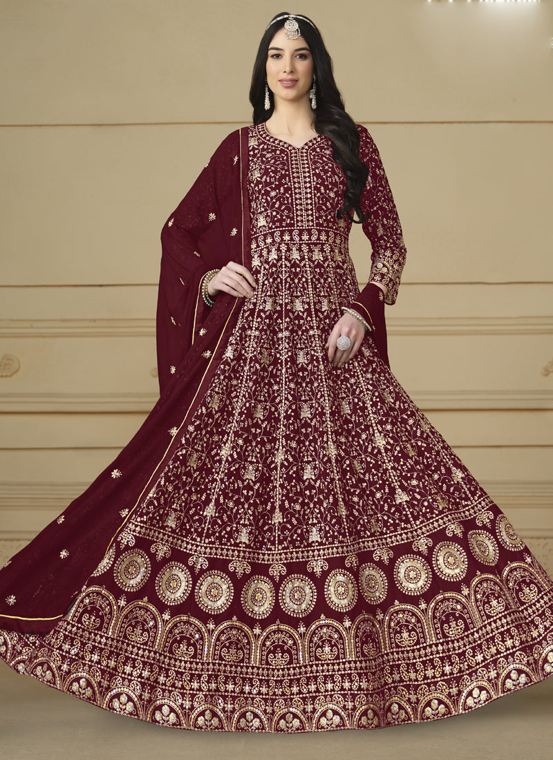 Designer Maroon Faux Georgette Embroidery Anarkali Suit
