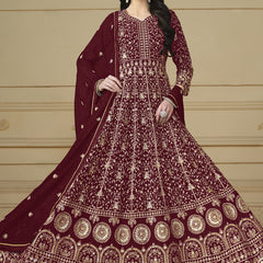 Designer Maroon Faux Georgette Embroidery Anarkali Suit
