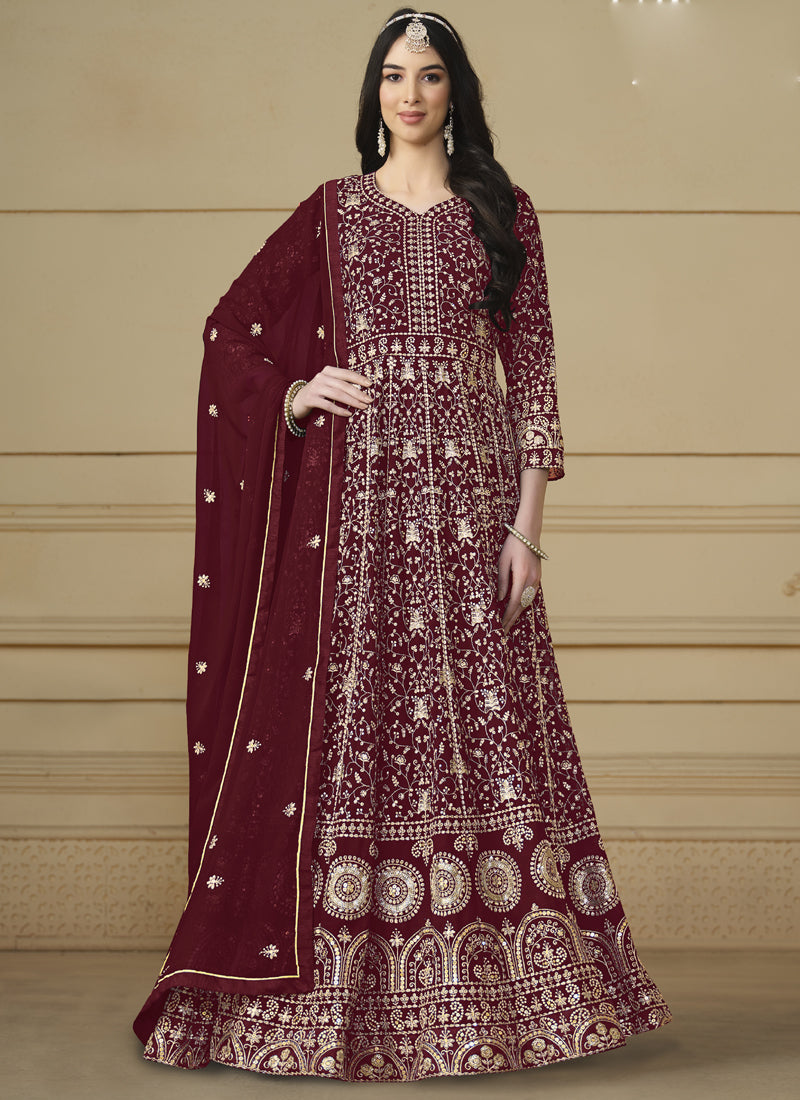 Designer Maroon Faux Georgette Embroidery Anarkali Suit