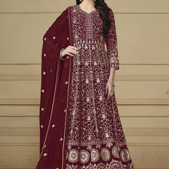 Designer Maroon Faux Georgette Embroidery Anarkali Suit