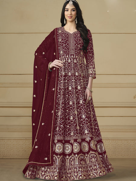 Designer Maroon Faux Georgette Embroidery Anarkali Suit