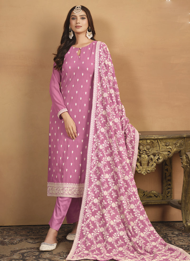 Pink Faux Georgette Embroidered Designer Salwar Suit