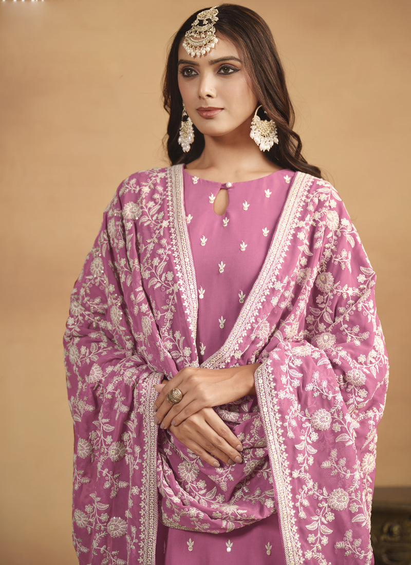Pink Faux Georgette Embroidered Designer Salwar Suit