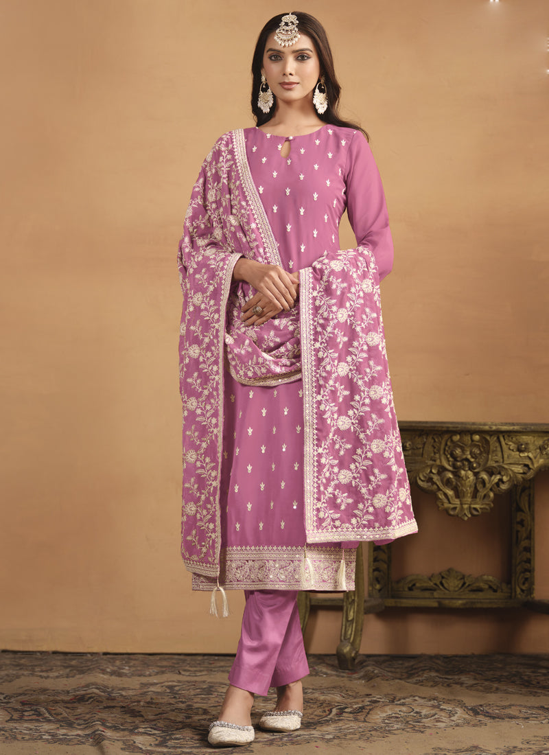 Pink Faux Georgette Embroidered Designer Salwar Suit