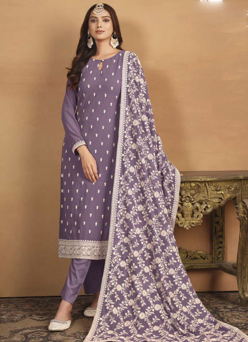 Purple Faux Georgette Embroidered Designer Salwar Suit