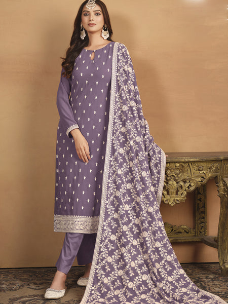 Purple Faux Georgette Embroidered Designer Salwar Suit