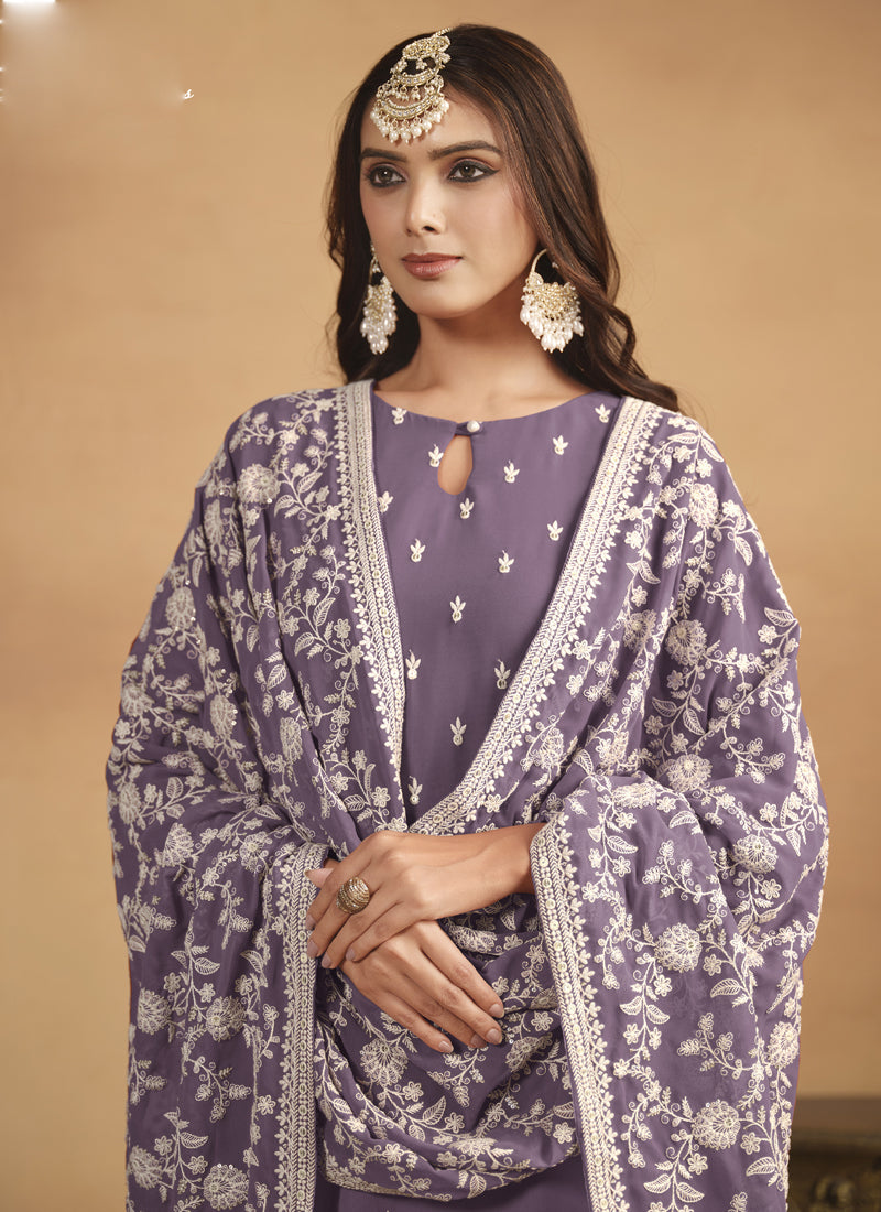 Purple Faux Georgette Embroidered Designer Salwar Suit