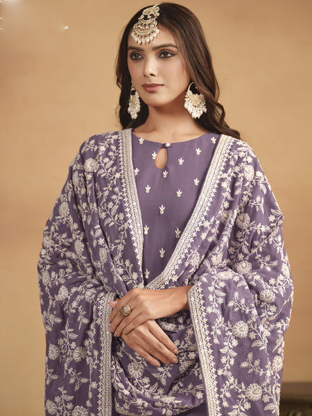 Purple Faux Georgette Embroidered Designer Salwar Suit
