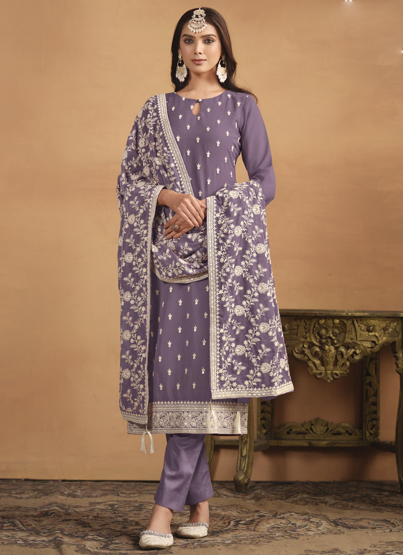 Purple Faux Georgette Embroidered Designer Salwar Suit