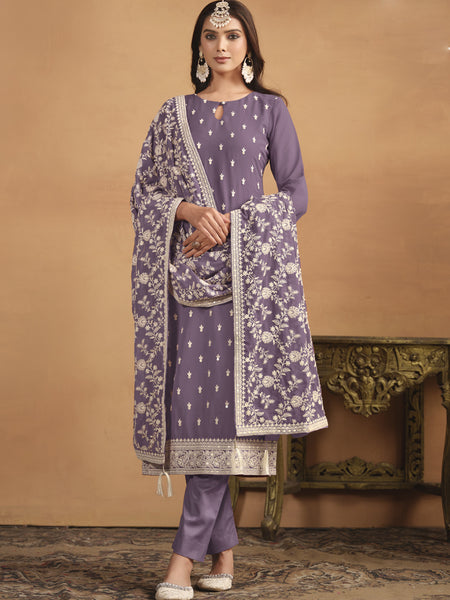 Purple Faux Georgette Embroidered Designer Salwar Suit