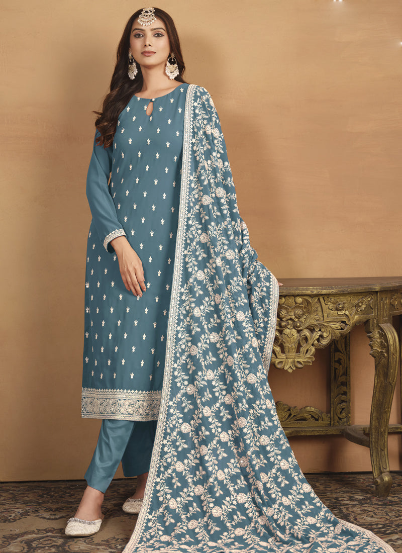 Grey Faux Georgette Embroidered Designer Salwar Suit