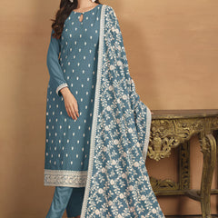 Grey Faux Georgette Embroidered Designer Salwar Suit