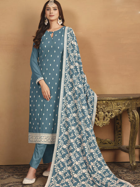 Grey Faux Georgette Embroidered Designer Salwar Suit