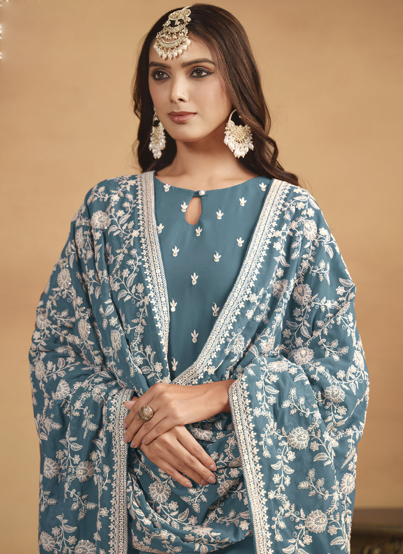 Grey Faux Georgette Embroidered Designer Salwar Suit