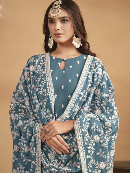 Grey Faux Georgette Embroidered Designer Salwar Suit