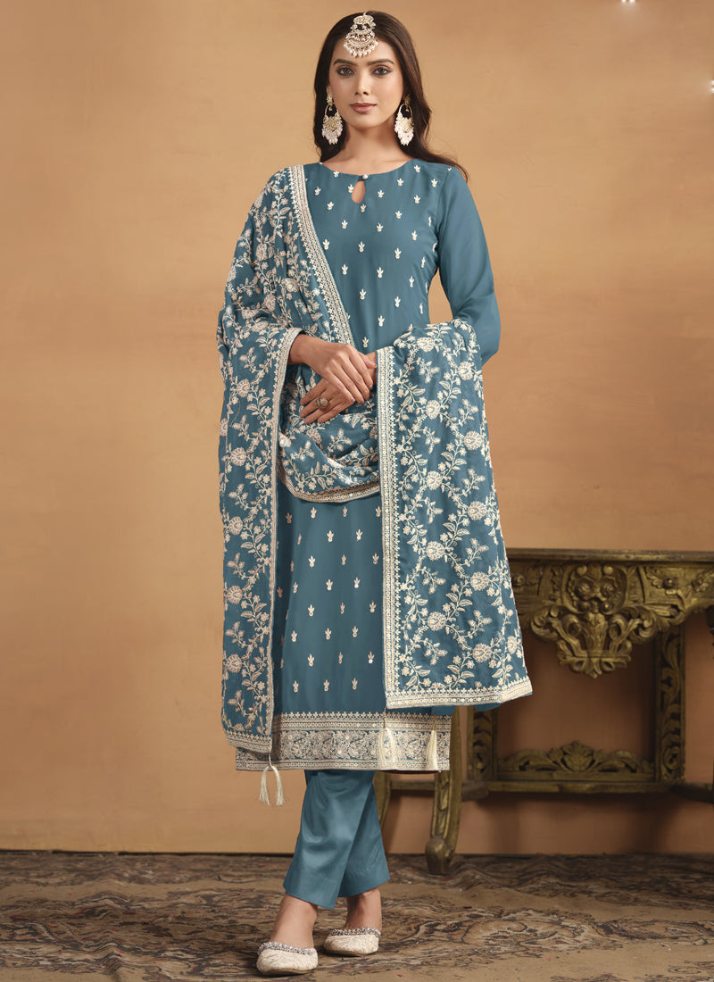 Grey Faux Georgette Embroidered Designer Salwar Suit