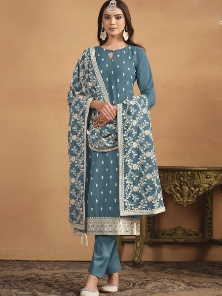 Grey Faux Georgette Embroidered Designer Salwar Suit