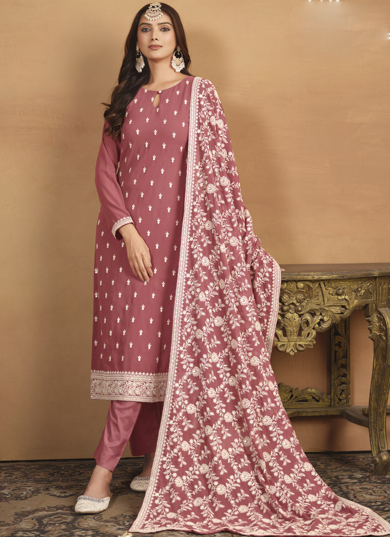 Peach Faux Georgette Embroidered Designer Salwar Suit
