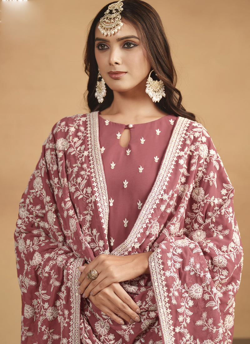 Peach Faux Georgette Embroidered Designer Salwar Suit