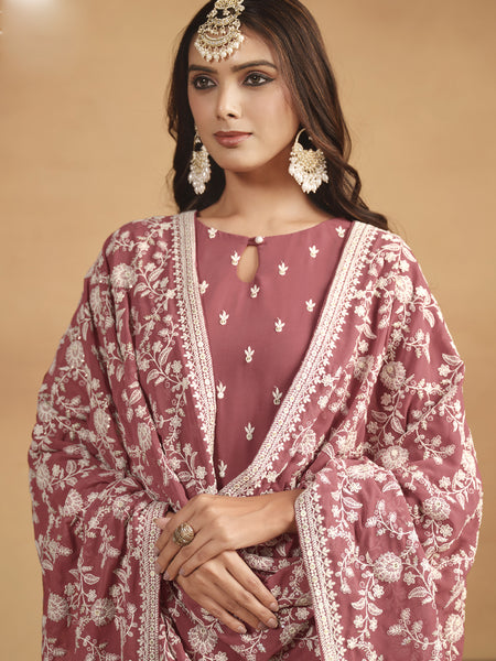 Peach Faux Georgette Embroidered Designer Salwar Suit