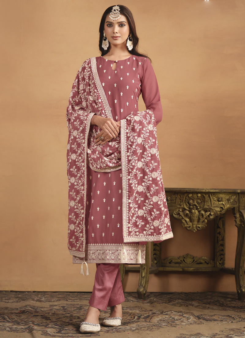 Peach Faux Georgette Embroidered Designer Salwar Suit