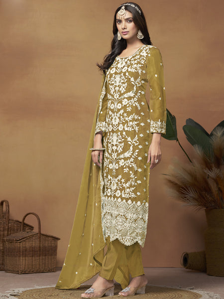 Mustard Soft Organza Embroidered Salwar Suit