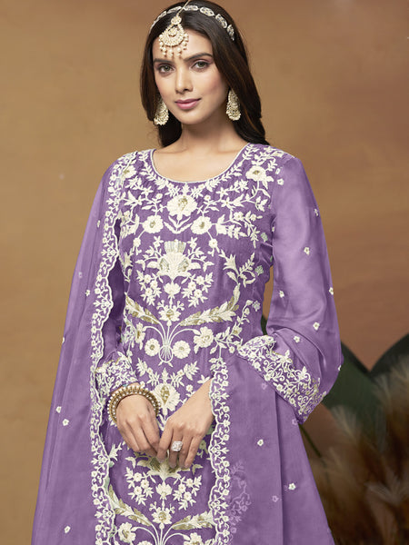 Lavender Soft Organza Embroidered Salwar Suit