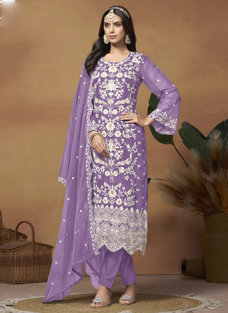 Lavender Soft Organza Embroidered Salwar Suit