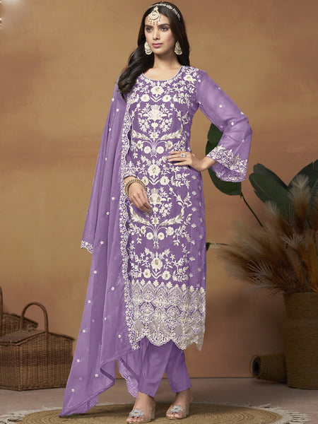 Lavender Soft Organza Embroidered Salwar Suit