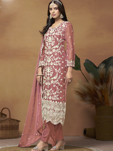 Peach Soft Organza Embroidered Salwar Suit