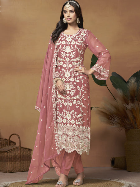 Peach Soft Organza Embroidered Salwar Suit