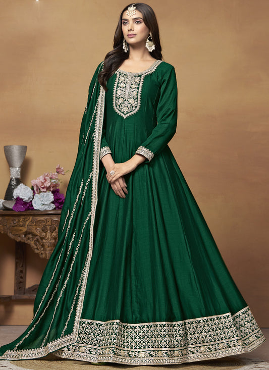 Green Art Silk Embroidered Anarkali Suit