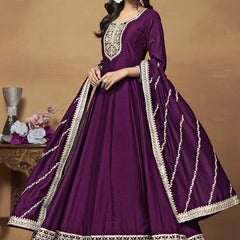 Wine Art Silk Embroidered Anarkali Suit