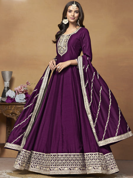 Wine Art Silk Embroidered Anarkali Suit
