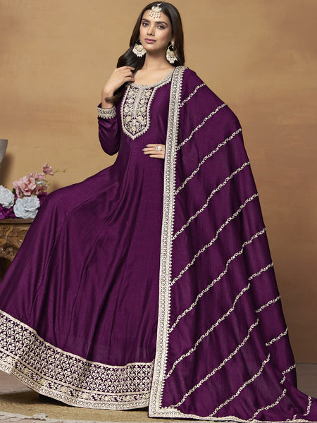 Wine Art Silk Embroidered Anarkali Suit