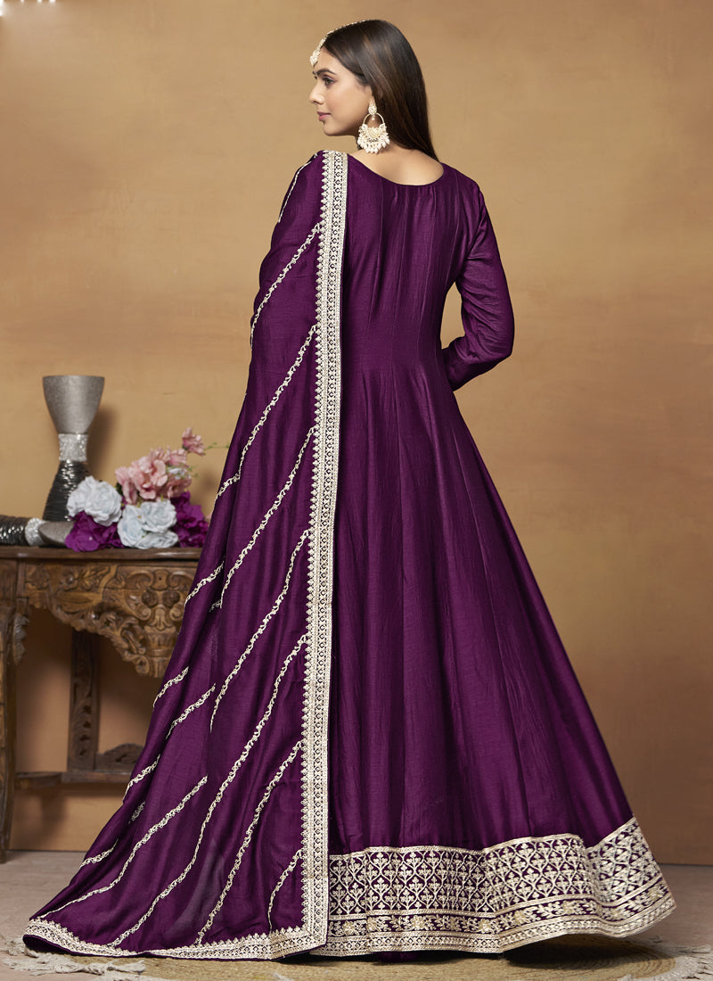 Wine Art Silk Embroidered Anarkali Suit