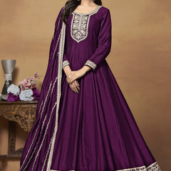 Wine Art Silk Embroidered Anarkali Suit