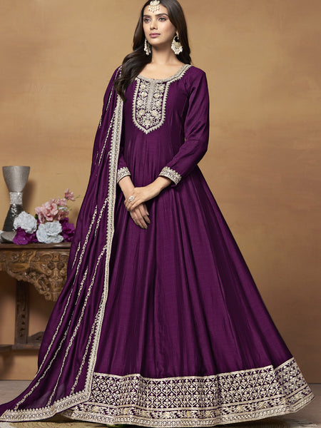 Wine Art Silk Embroidered Anarkali Suit