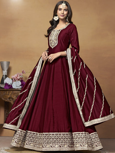 Maroon Art Silk Embroidered Anarkali Suit
