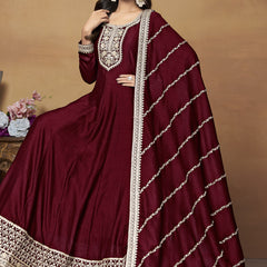 Maroon Art Silk Embroidered Anarkali Suit